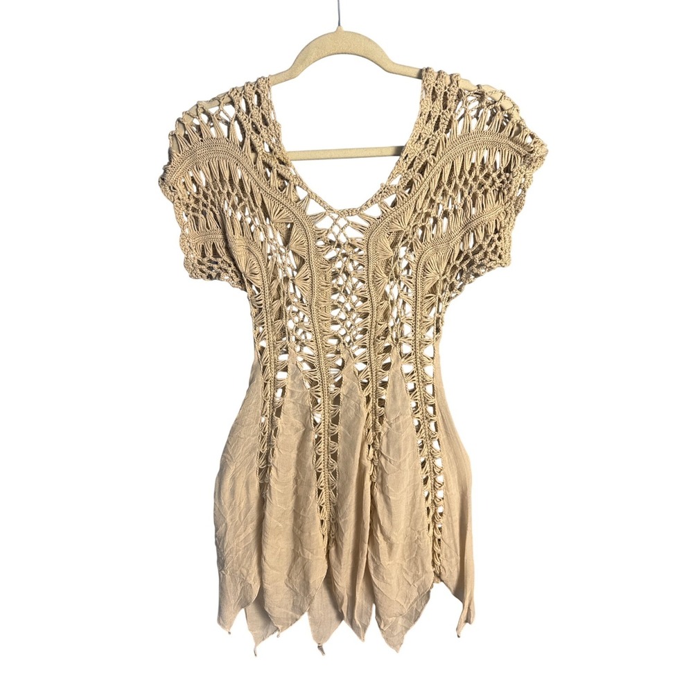 Boho Crochet Knit‎ Handkerchief Hem Tunic Top Tan Beige Fairycore Festival Small - Picture 2 of 5